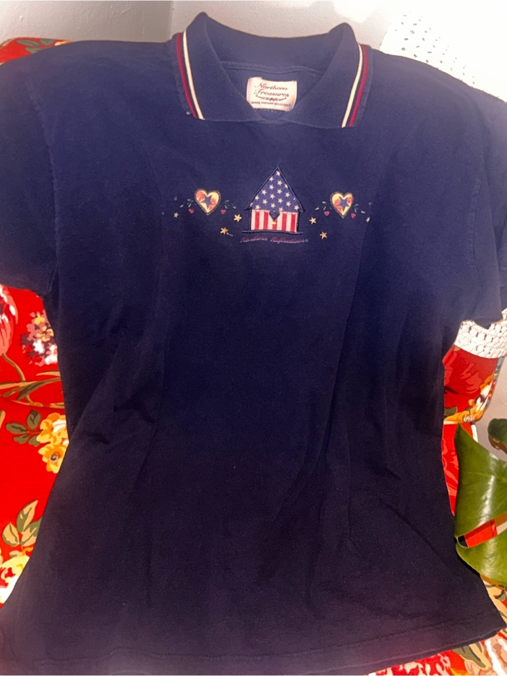Vintage Northern Reflections Navy Polo Tee with Embroidery Cottagecore Graphics